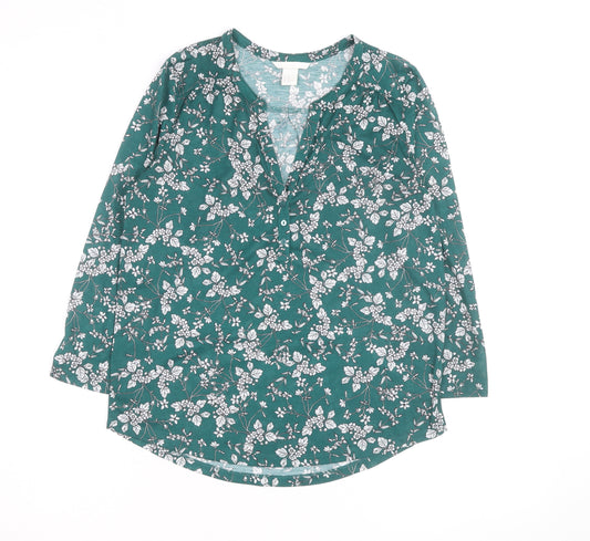 H&M Women’s Green Floral V-Neck Long Sleeve Cotton Tunic Blouse Size 10