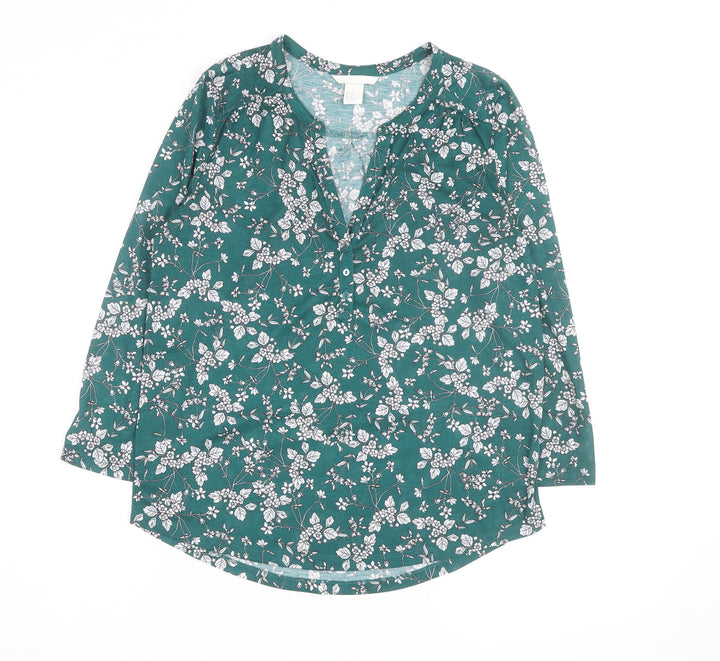 H&M Women’s Green Floral V-Neck Long Sleeve Cotton Tunic Blouse Size 10