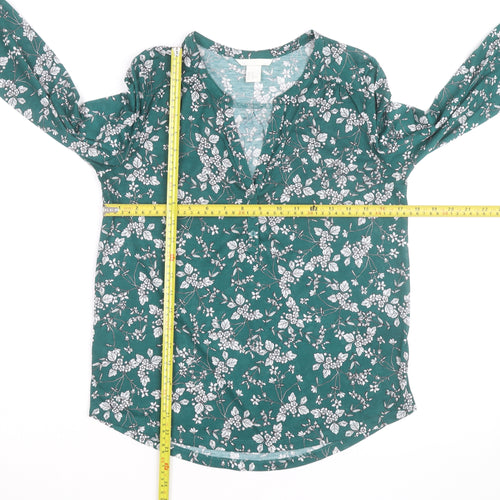 H&M Women’s Green Floral V-Neck Long Sleeve Cotton Tunic Blouse Size 10