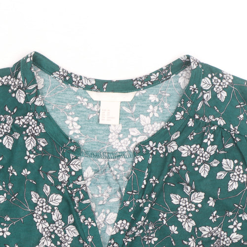 H&M Women’s Green Floral V-Neck Long Sleeve Cotton Tunic Blouse Size 10