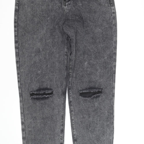 Boohoo Womens Grey Acid Wash Mom Jeans Size 16 Tall Distressed