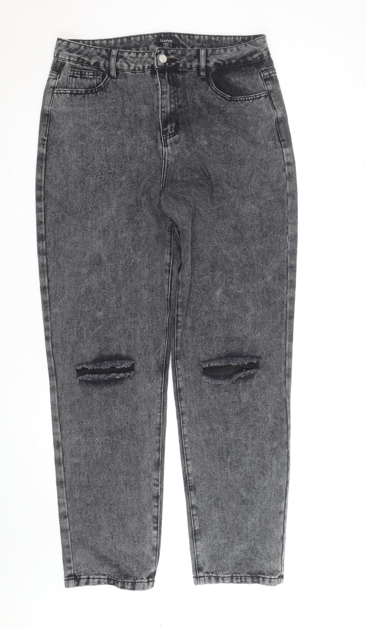 Boohoo Womens Grey Acid Wash Mom Jeans Size 16 Tall Distressed