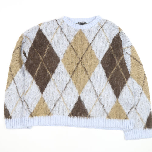 Boohoo Women Beige Argyle Knit Crew Neck Pullover Jumper Size 16/18