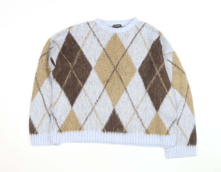 Boohoo Women Beige Argyle Knit Crew Neck Pullover Jumper Size 16/18