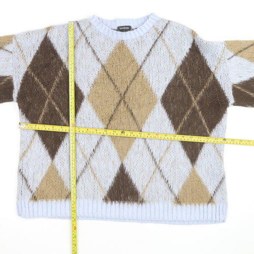 Boohoo Women Beige Argyle Knit Crew Neck Pullover Jumper Size 16/18