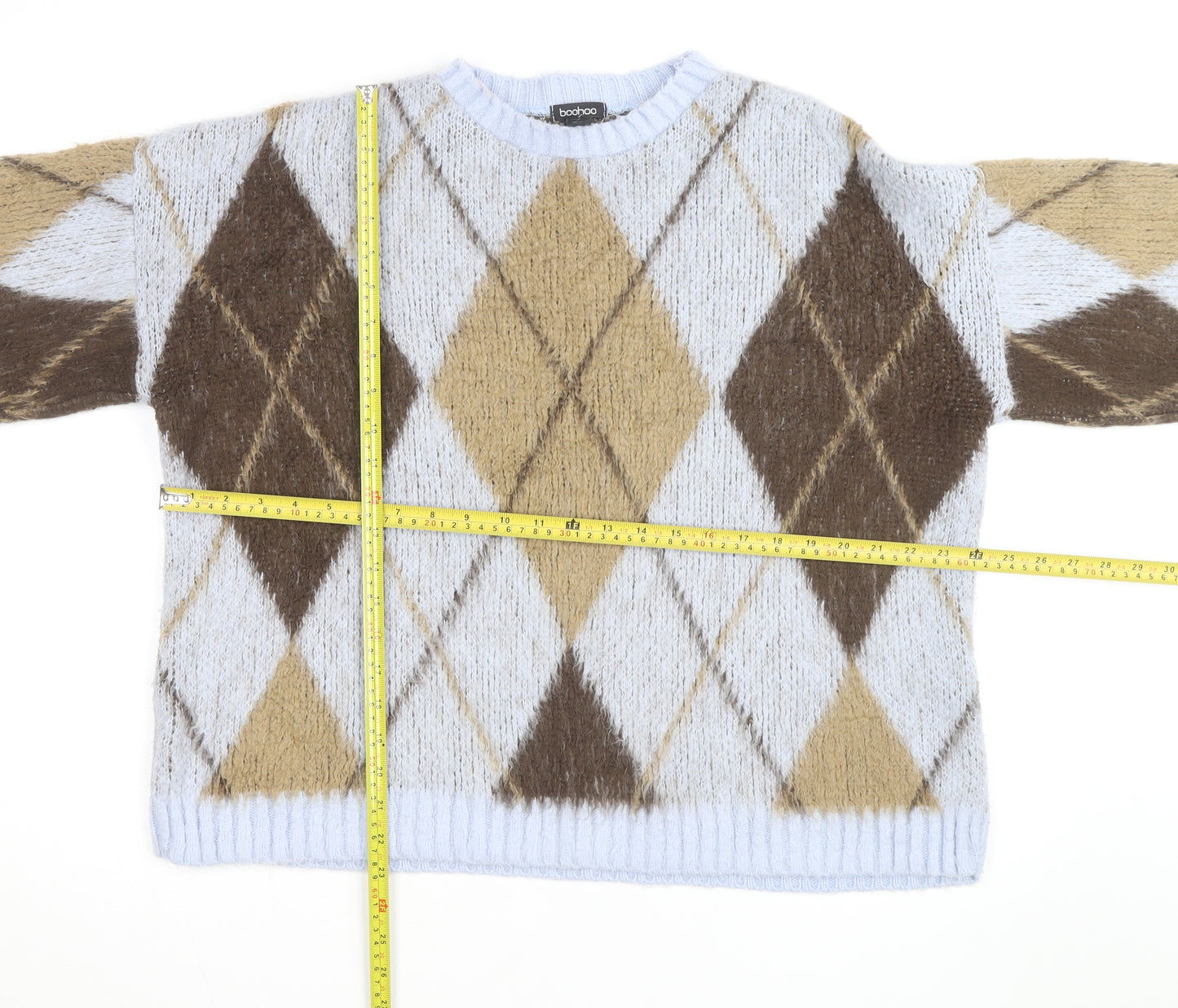 Boohoo Women Beige Argyle Knit Crew Neck Pullover Jumper Size 16/18