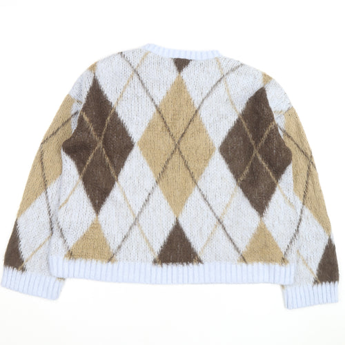 Boohoo Women Beige Argyle Knit Crew Neck Pullover Jumper Size 16/18