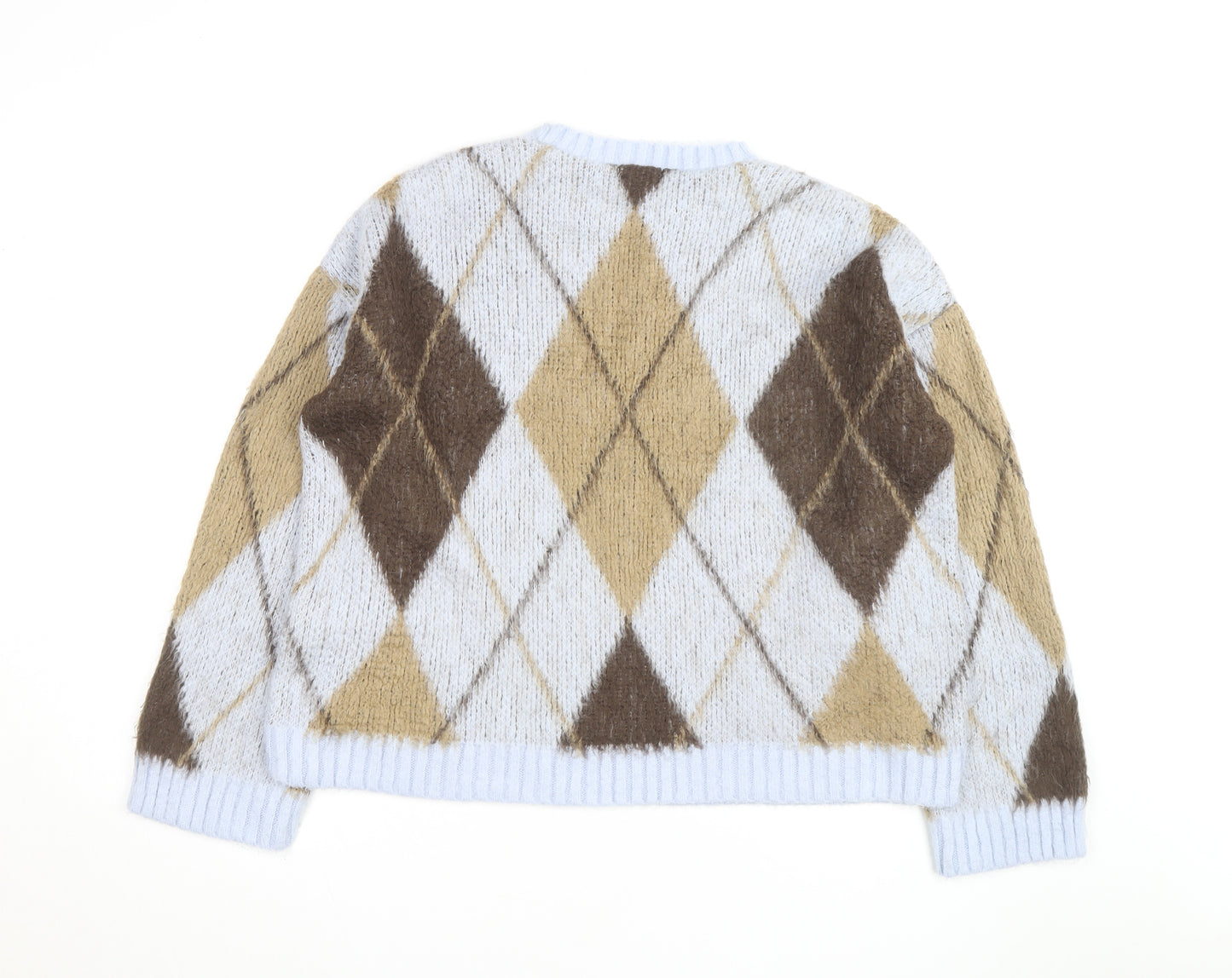 Boohoo Women Beige Argyle Knit Crew Neck Pullover Jumper Size 16/18