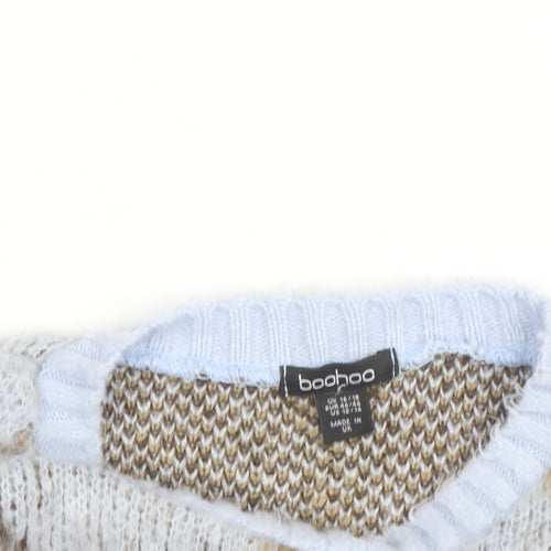 Boohoo Women Beige Argyle Knit Crew Neck Pullover Jumper Size 16/18