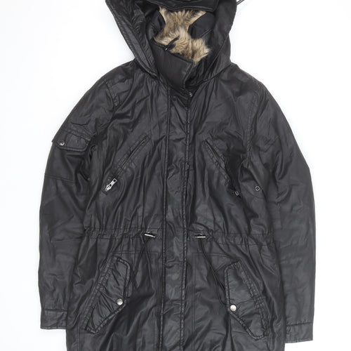 Papaya Women Black Faux Leather Fur Trim Parka Coat Size 10