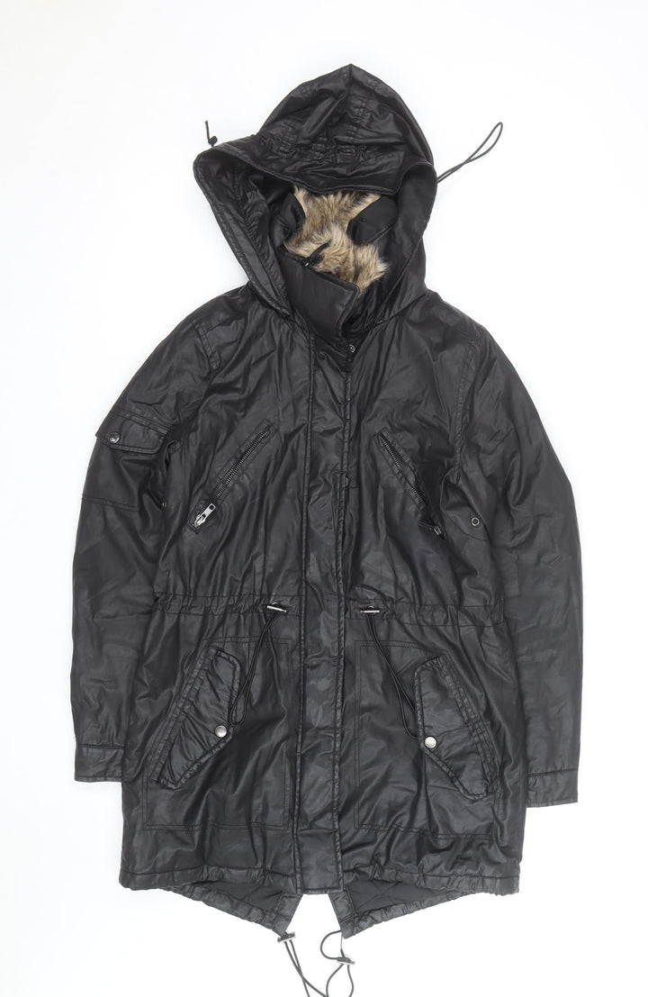 Papaya Women Black Faux Leather Fur Trim Parka Coat Size 10