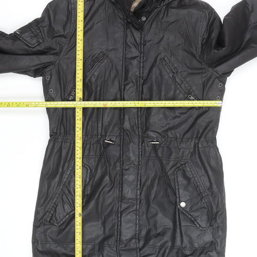 Papaya Women Black Faux Leather Fur Trim Parka Coat Size 10
