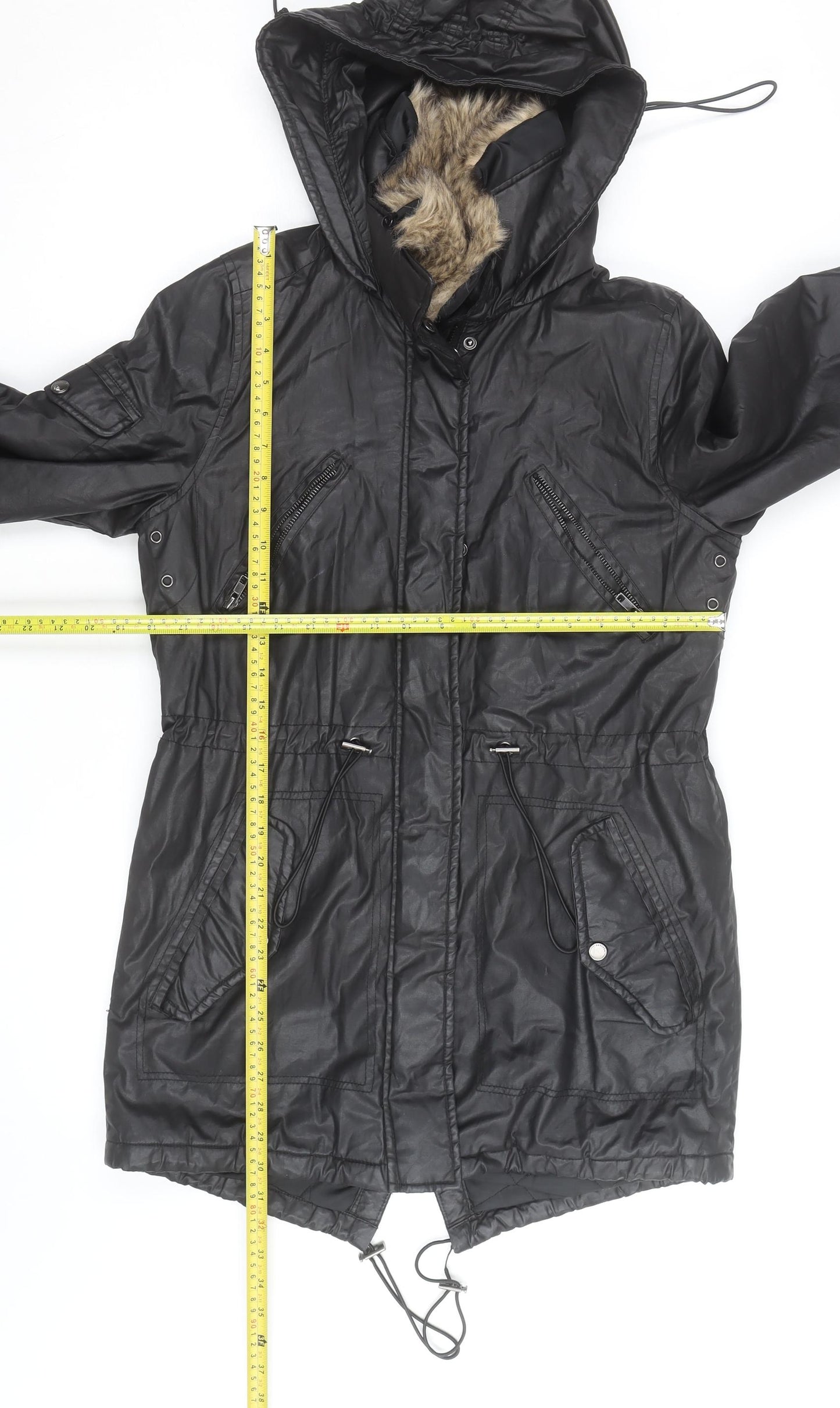 Papaya Women Black Faux Leather Fur Trim Parka Coat Size 10