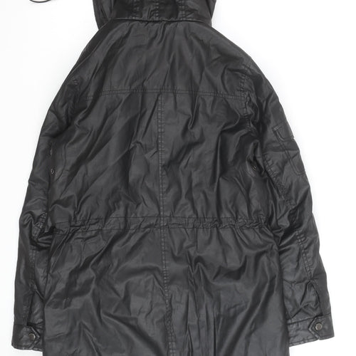 Papaya Women Black Faux Leather Fur Trim Parka Coat Size 10