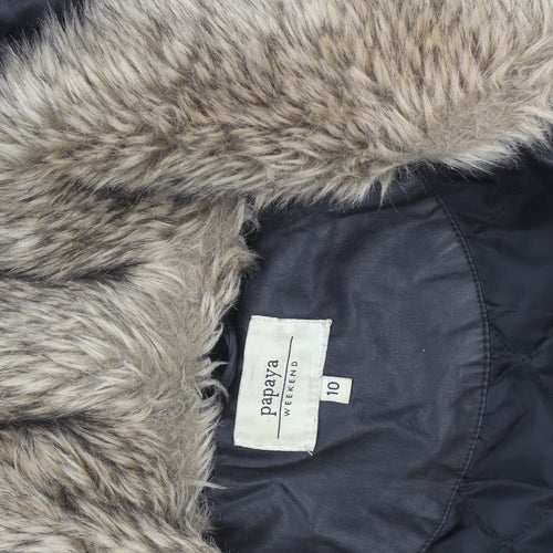 Papaya Women Black Faux Leather Fur Trim Parka Coat Size 10