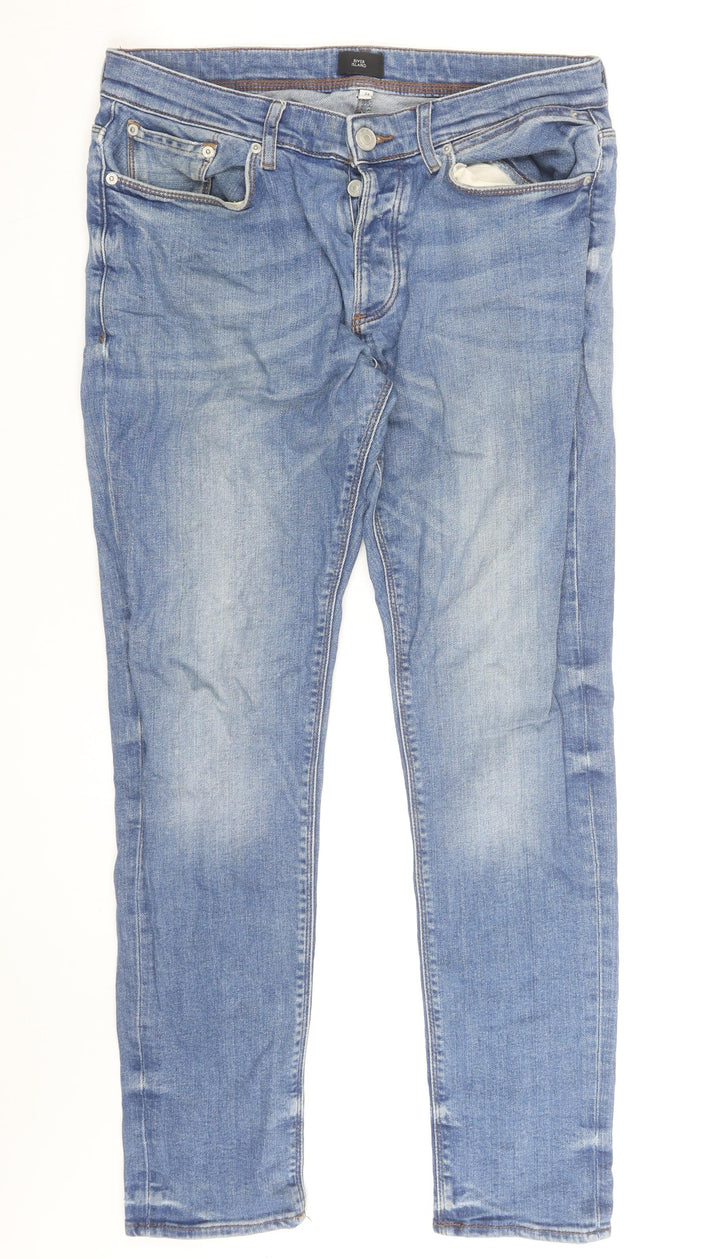 River Island Men's Blue Slim Straight Jeans 34W 32L Distressed Denim