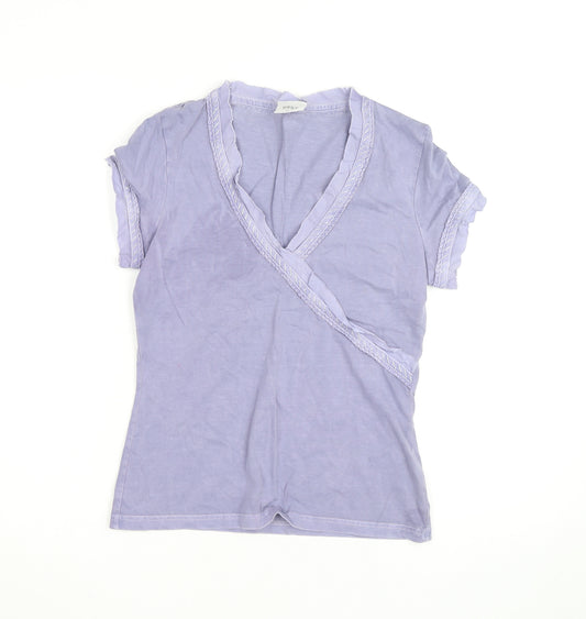Next Women Purple Wrap Ruffle Cotton Short Sleeve T-Shirt UK 12