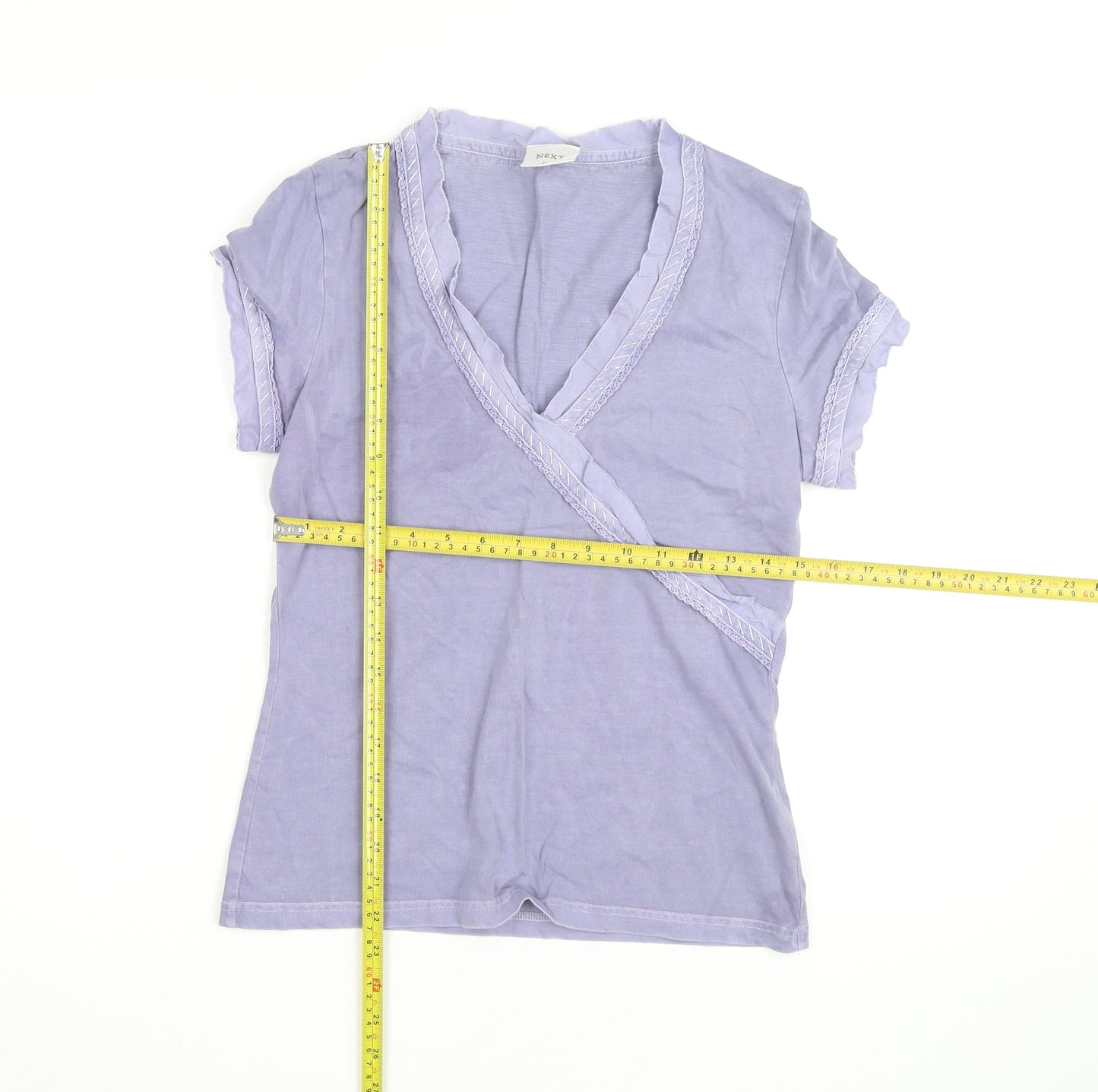 Next Women Purple Wrap Ruffle Cotton Short Sleeve T-Shirt UK 12