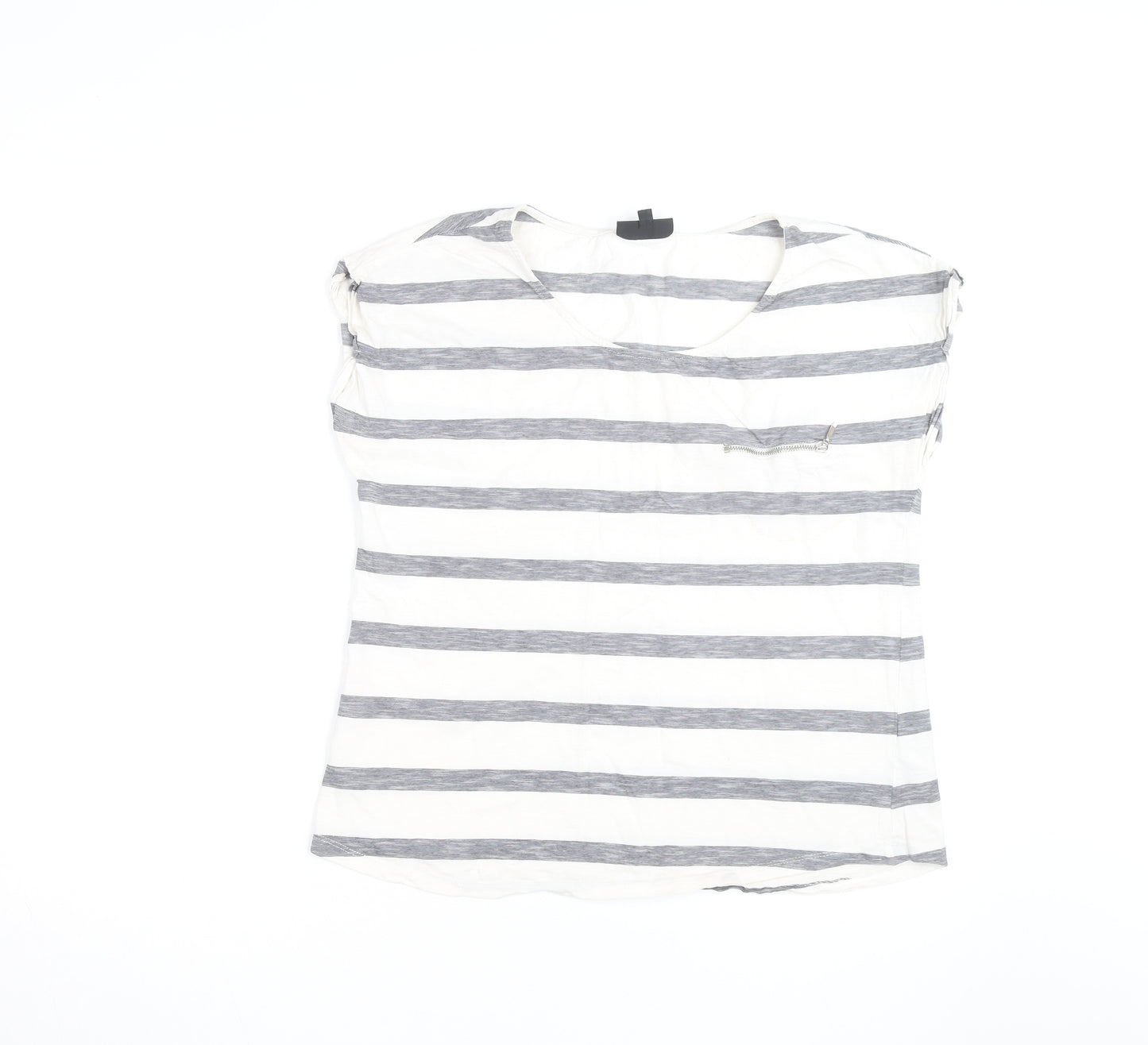 Warehouse Women’s Grey Stripe Cotton T-Shirt UK 16 Zip Pocket