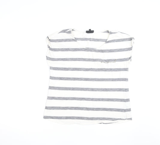 Warehouse Women’s Grey Stripe Cotton T-Shirt UK 16 Zip Pocket
