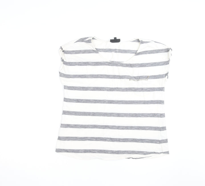 Warehouse Women’s Grey Stripe Cotton T-Shirt UK 16 Zip Pocket