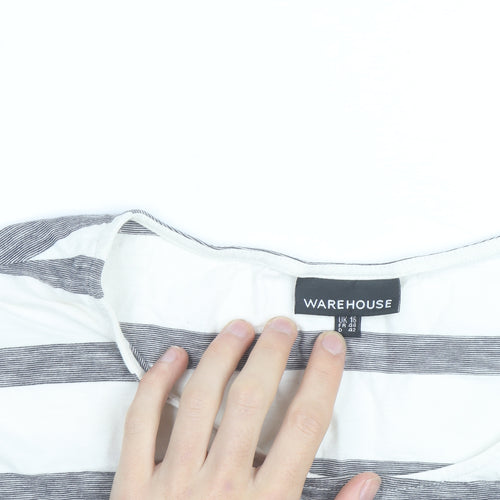 Warehouse Women’s Grey Stripe Cotton T-Shirt UK 16 Zip Pocket