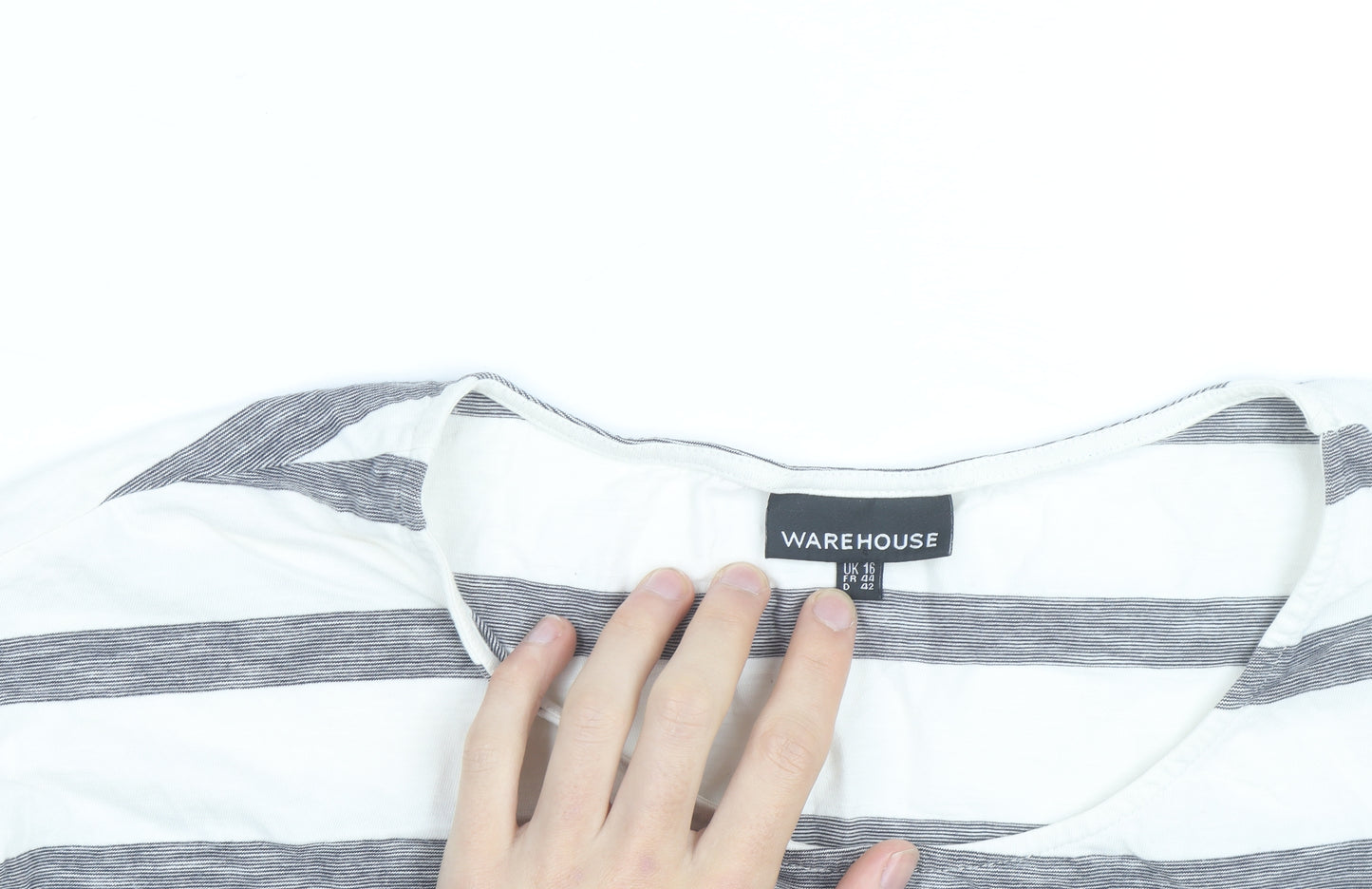 Warehouse Women’s Grey Stripe Cotton T-Shirt UK 16 Zip Pocket