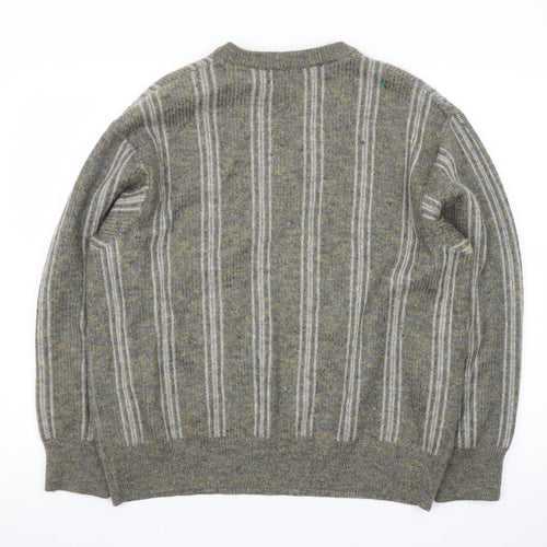 Strickschön Men’s Grey Wool Blend V-Neck Geometric Jumper XL