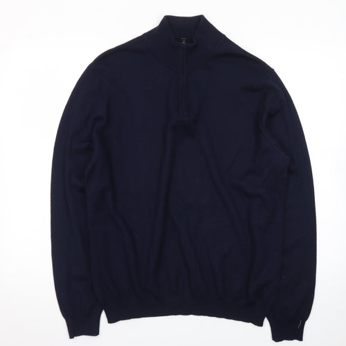 Marks and Spencer Mens Blue High Neck 1/2 Zip Wool Blend Jumper L