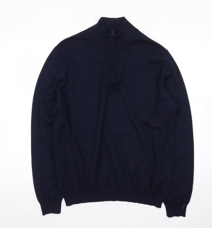 Marks and Spencer Mens Blue High Neck 1/2 Zip Wool Blend Jumper L