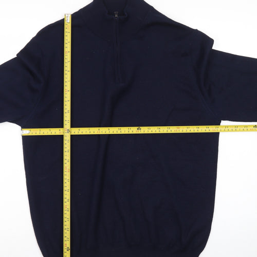 Marks and Spencer Mens Blue High Neck 1/2 Zip Wool Blend Jumper L