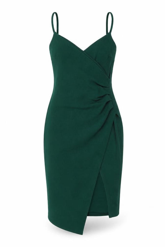 Front view of PRETTYLITTLETHING Women’s Green, size UK 10, Bodycon Ruched Dress