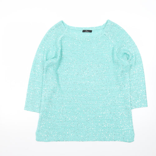 Bm Collection Women's Green Sequin Knit Boat Neck 3/4 Sleeve Jumper M