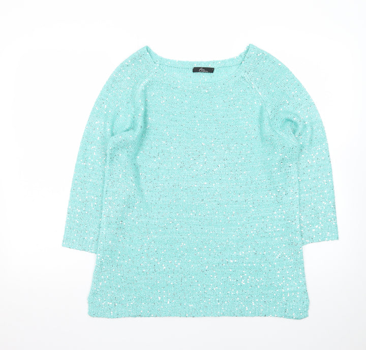 Bm Collection Women's Green Sequin Knit Boat Neck 3/4 Sleeve Jumper M