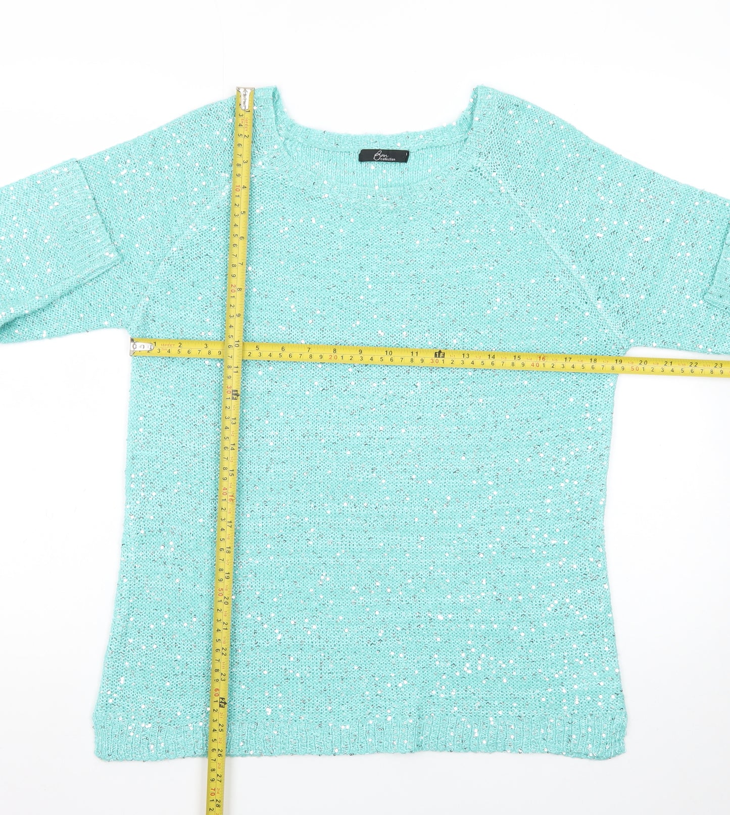 Bm Collection Women's Green Sequin Knit Boat Neck 3/4 Sleeve Jumper M