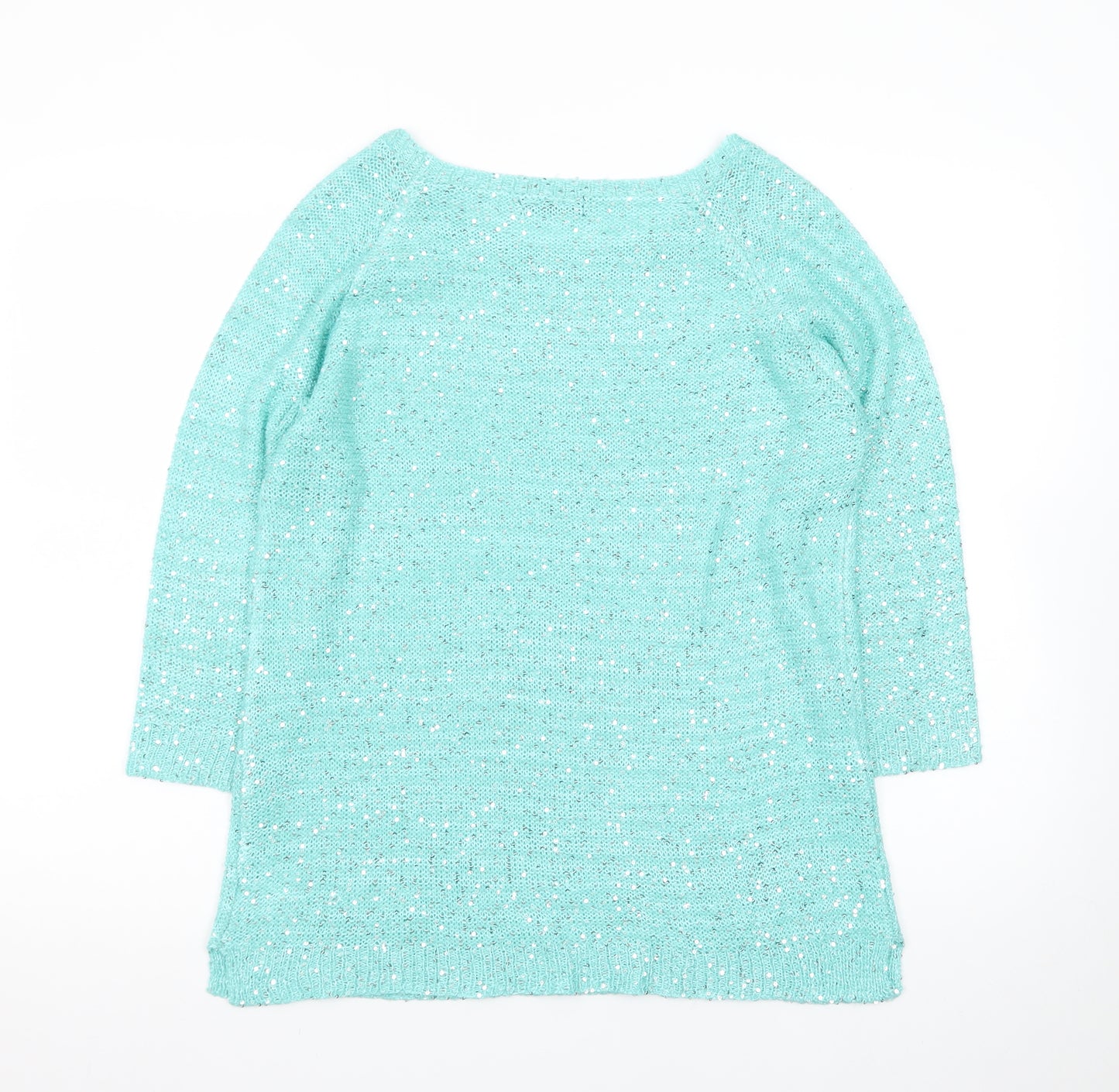 Bm Collection Women's Green Sequin Knit Boat Neck 3/4 Sleeve Jumper M