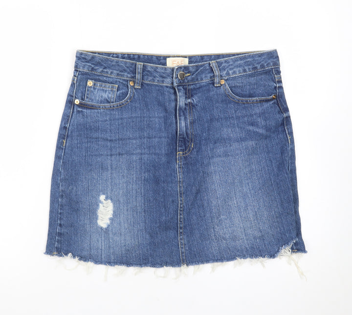 F&F Women’s Blue Denim Short Skirt Size 12 Frayed Hem Casual