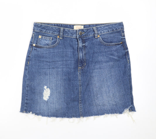 F&F Women’s Blue Denim Short Skirt Size 12 Frayed Hem Casual