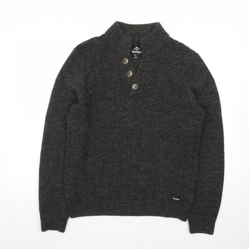 Threadbare Men's Grey Henley Wool Blend Jumper Size S