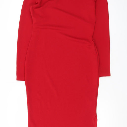 Boohoo Womens Red Bodycon Midi Dress Size 12 Long Sleeve