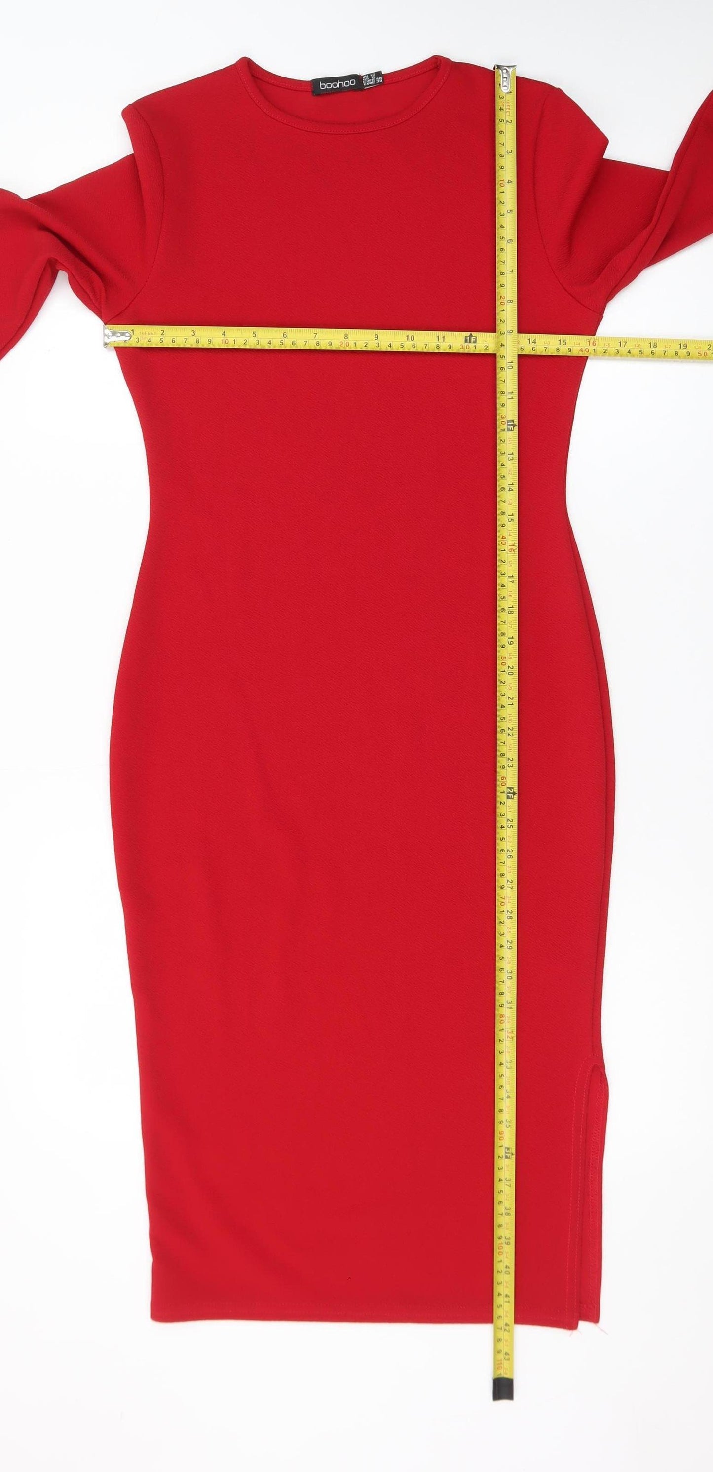 Boohoo Womens Red Bodycon Midi Dress Size 12 Long Sleeve