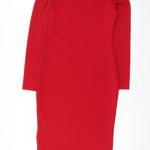 Boohoo Womens Red Bodycon Midi Dress Size 12 Long Sleeve