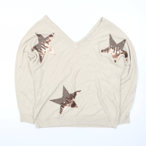 Next Womens Beige Sequin Star V-Neck Jumper Size 12