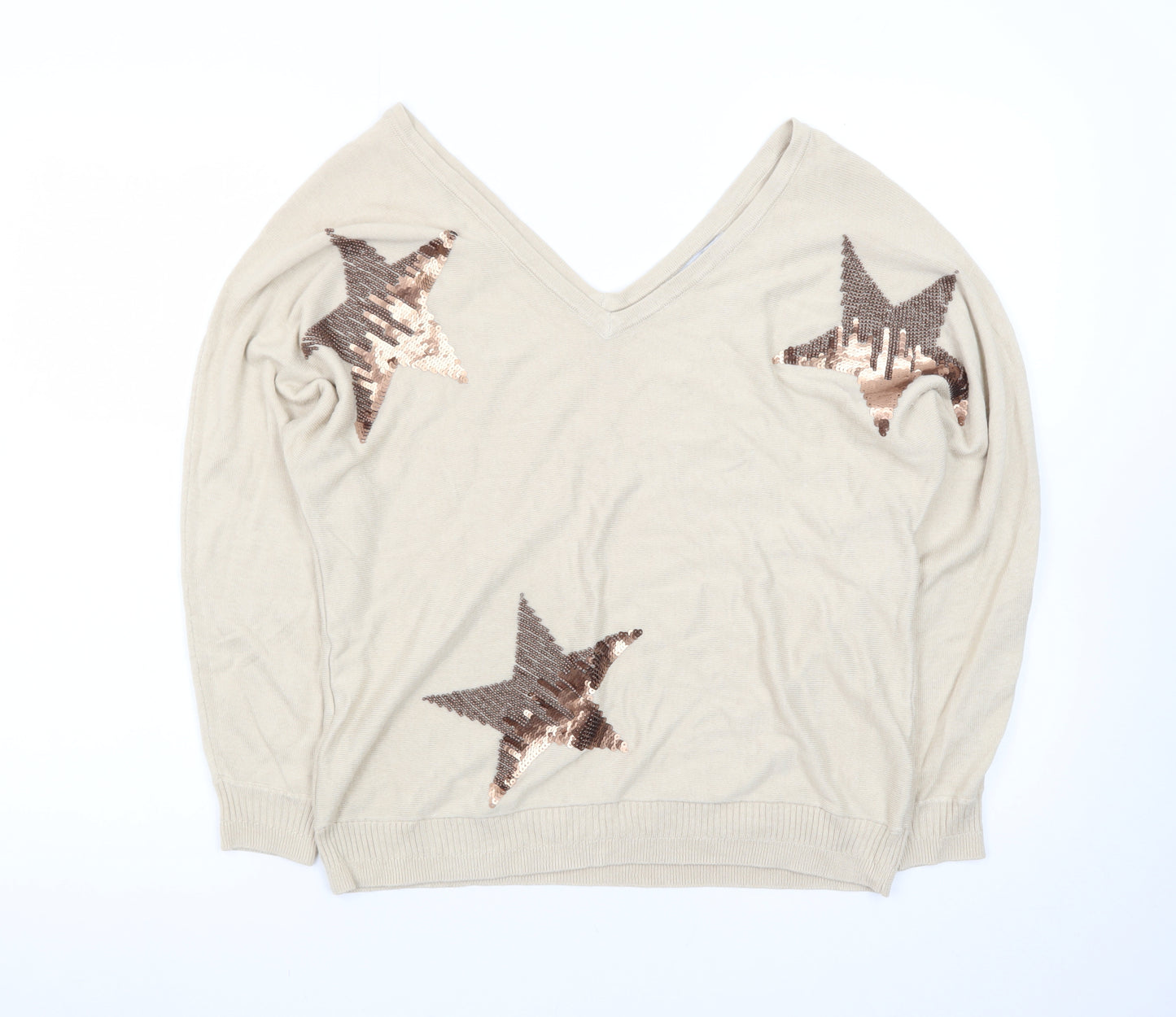 Next Womens Beige Sequin Star V-Neck Jumper Size 12