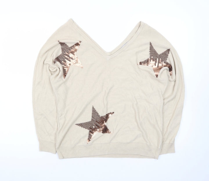 Next Womens Beige Sequin Star V-Neck Jumper Size 12