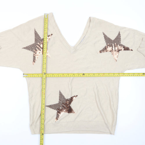 Next Womens Beige Sequin Star V-Neck Jumper Size 12