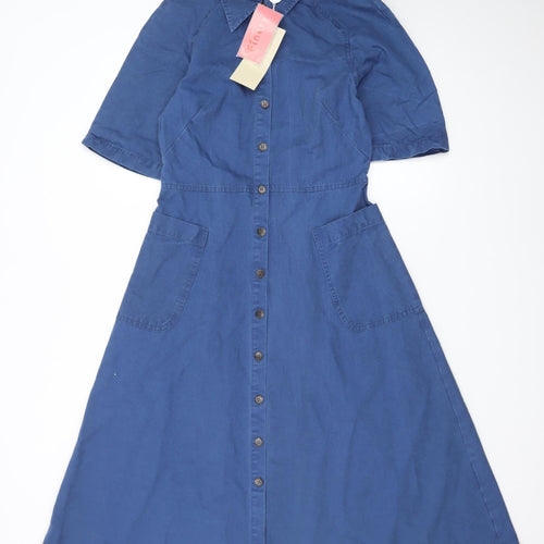 Finery Women Blue Cotton Linen Midi Shirt Dress UK 6