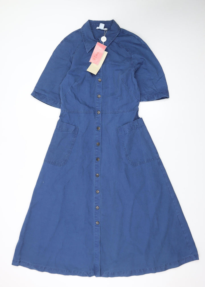 Finery Women Blue Cotton Linen Midi Shirt Dress UK 6
