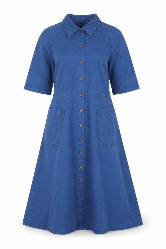 Front view of Finery Women Blue Cotton Linen Midi Shirt Dress UK 6