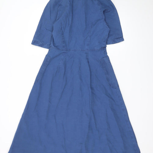 Finery Women Blue Cotton Linen Midi Shirt Dress UK 6